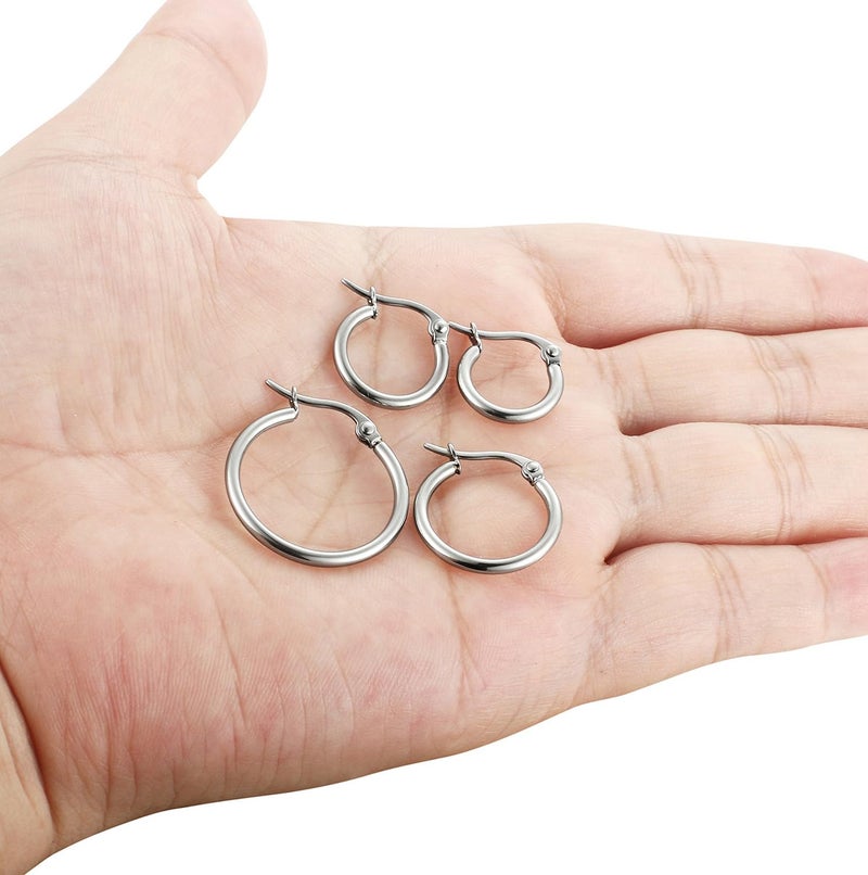 ORAZIO 4 Pairs Stainless Steel Hoop Earrings Set Cute Huggie Earrings for Women,Silver-Tone,10MM-20MM - Image 4