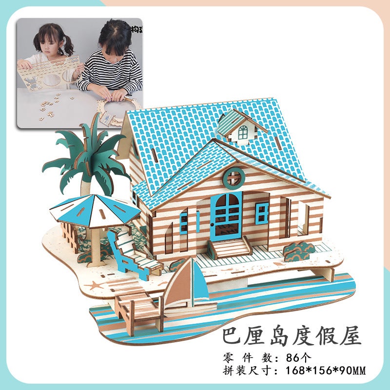 Wooden 3D 3D Puzzle Assembled Building Model Youth Diy Style Cottage Educational Toy Small Western House - Image 1