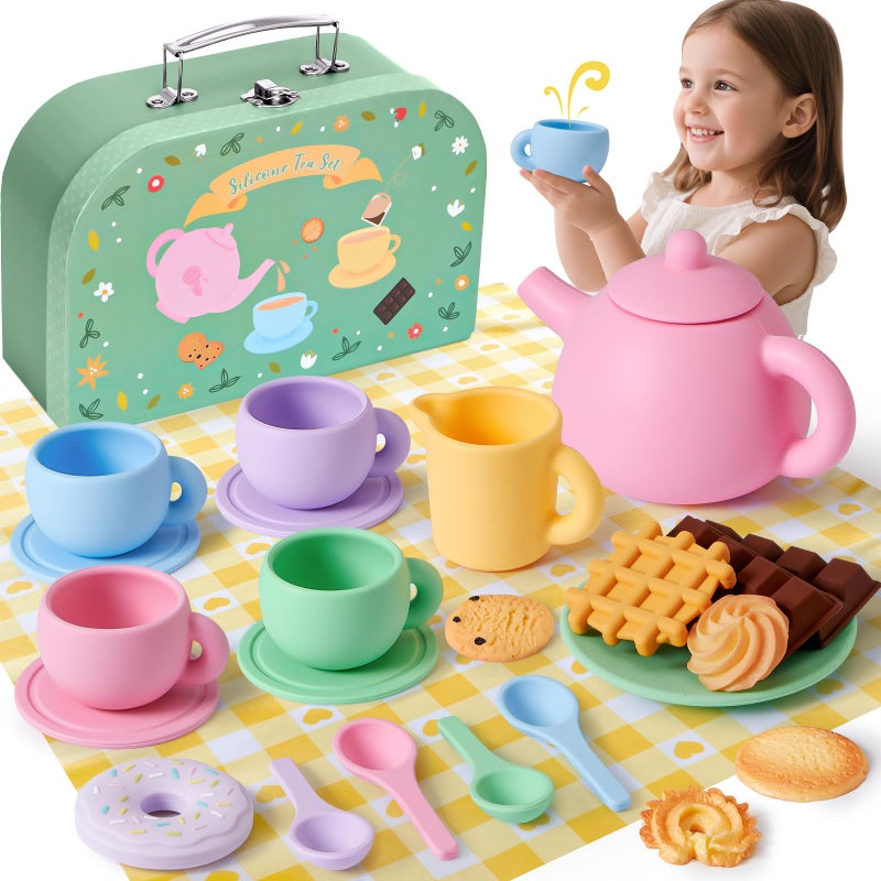 Golray Silicone Tea Sets for Toddlers 35 22pcs Washable Tea Party Set with Storage Box Picnic Cloth Pretend Play Kitchen Accessories Birthday Gifts Girls Toys for Kids 3 4 5 6 Years Old - Image 3
