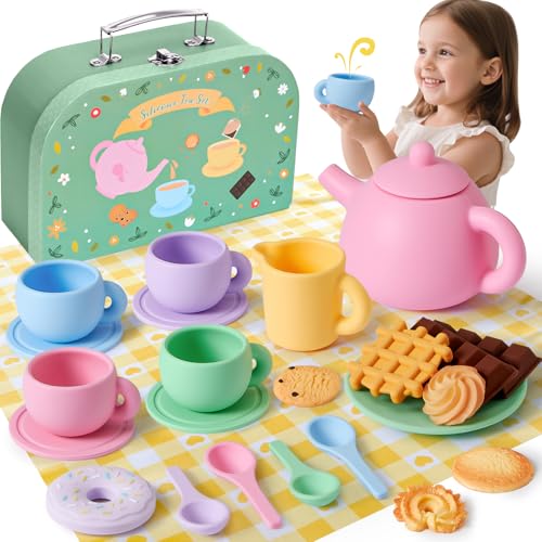 Golray Silicone Tea Sets for Toddlers 35 22pcs Washable Tea Party Set with Storage Box Picnic Cloth Pretend Play Kitchen Accessories Birthday Gifts Girls Toys for Kids 3 4 5 6 Years Old - Image 1