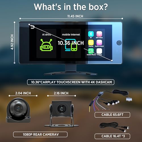 ASLONG 10.36" Wireless CarPlay Screen for Car & 4K 4CH Dash Cam with Android Auto, Portable HD Touchscreen Car Stereo with 1080P Backup Camera, GPS Navigation Mirror Link for Semi Trailer Truck - Image 5