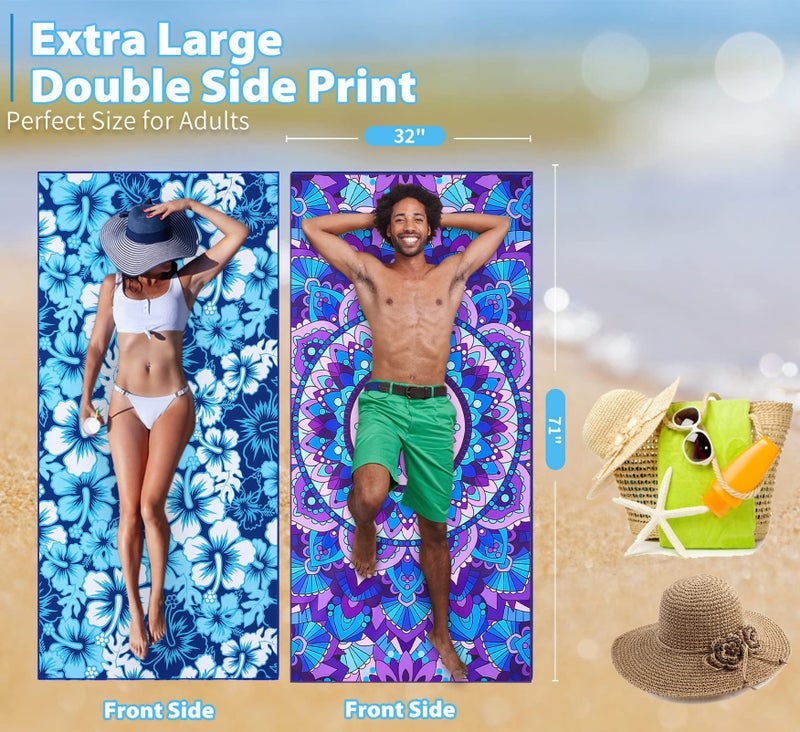 TwoYek 2 Pack Microfiber Thin Beach Towel Lightweight 71x32 Oversized Extra Large Sand Free Towels Quick Dry for Travel Pool Yoga Gym Sports Beach Accessories Vacation Essential Gift - Image 3