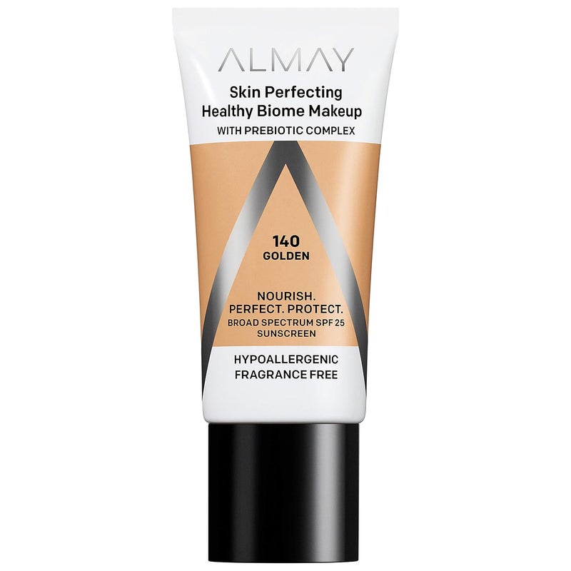 Almay Skin Perfecting Healthy Biome Foundation Makeup with Prebiotic Complex SPF 25, Hypoallergenic, -Fragrance Free, 140 Golden, 1 fl. oz.