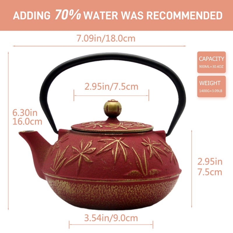 SECHUDO Cast Iron Teapot Tea Kettle with Stainless Steel Infuser for Stovetop Safe Coated with Enameled Interior Japanese Red Tetsubin with Maple Leaves Pattern(30.4oz/900ml) - Image 5