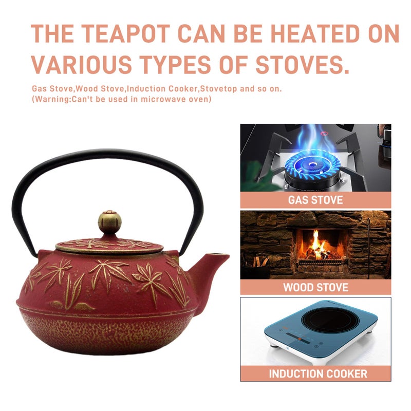 SECHUDO Cast Iron Teapot Tea Kettle with Stainless Steel Infuser for Stovetop Safe Coated with Enameled Interior Japanese Red Tetsubin with Maple Leaves Pattern(30.4oz/900ml) - Image 2