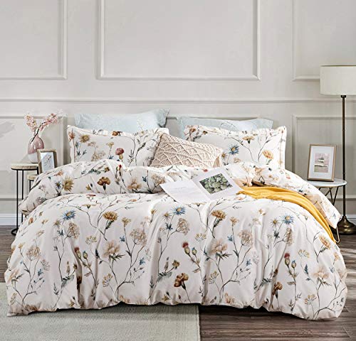 SLEEPBELLA SLEEPBELLA Comforter Queen Size 600 Thread Count Cotton White Printed with Blue  Blush Flowers Cotton Comforter SetDown Alternative Bedding Set 3PcsQueen White Floral 