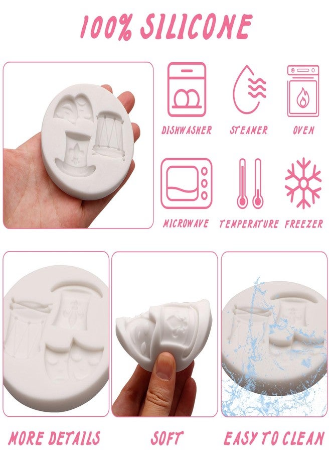 Caregene Mardi Gras Fondant Molds Masquerade Mask Indian Drum Silicone Molds Alice Wonderland Hat Chocolate Molds for Cupcake Cookie Decorating Baking Molds for Mardi Gras Party DIY Craft Candy - Image 3