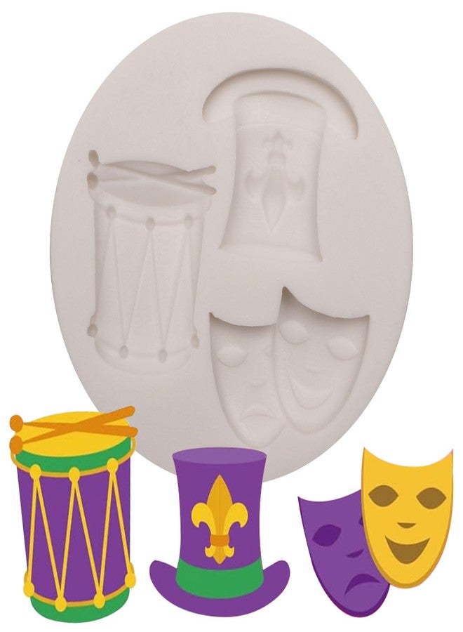 Caregene Mardi Gras Fondant Molds Masquerade Mask Indian Drum Silicone Molds Alice Wonderland Hat Chocolate Molds for Cupcake Cookie Decorating Baking Molds for Mardi Gras Party DIY Craft Candy - Image 1