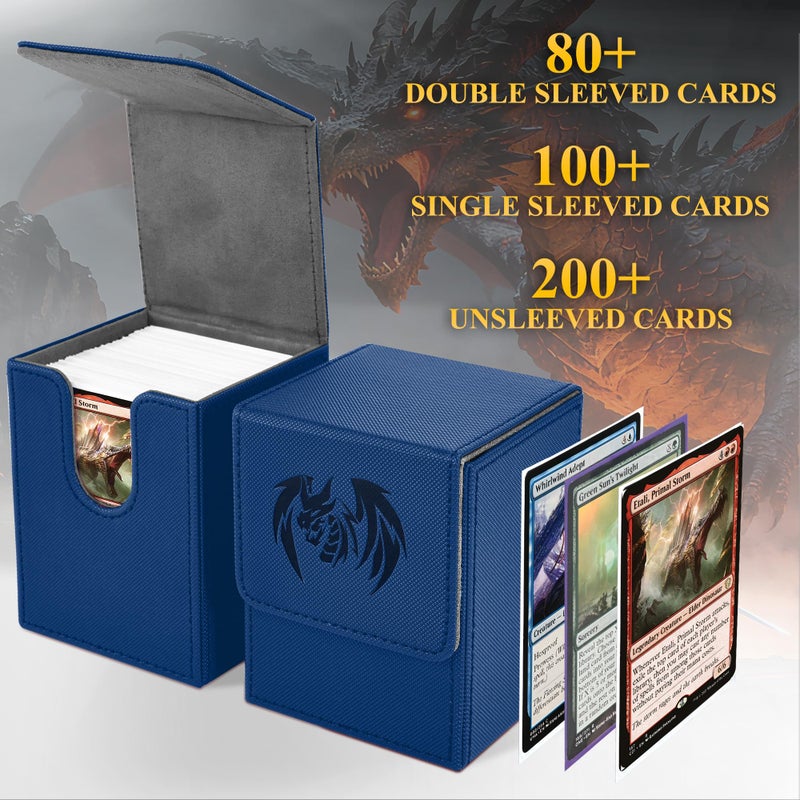 UAONO Card Deck Box for Yugioh MTG, 100+ Deck Case with 2 Dividers Fits TCG CCG PTCG, PU Leather Strong Magnet Card Storage Box Compatible with Magic Commander Trading Cards (Navy, Sky Dragon) - Image 2