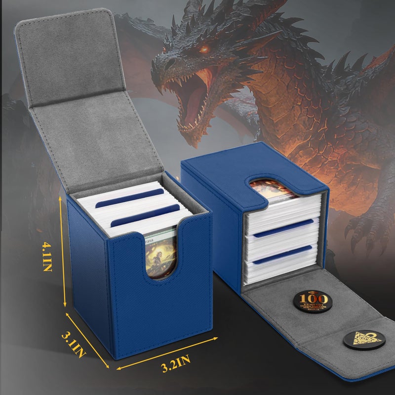 UAONO Card Deck Box for Yugioh MTG, 100+ Deck Case with 2 Dividers Fits TCG CCG PTCG, PU Leather Strong Magnet Card Storage Box Compatible with Magic Commander Trading Cards (Navy, Sky Dragon) - Image 5