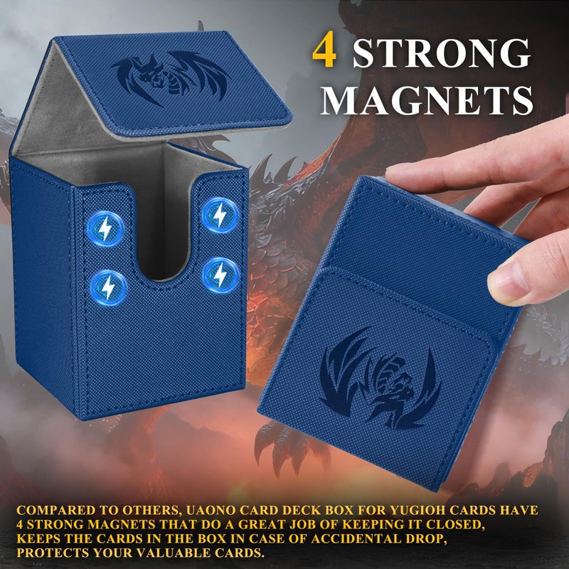 UAONO Card Deck Box for Yugioh MTG, 100+ Deck Case with 2 Dividers Fits TCG CCG PTCG, PU Leather Strong Magnet Card Storage Box Compatible with Magic Commander Trading Cards (Navy, Sky Dragon) - Image 4
