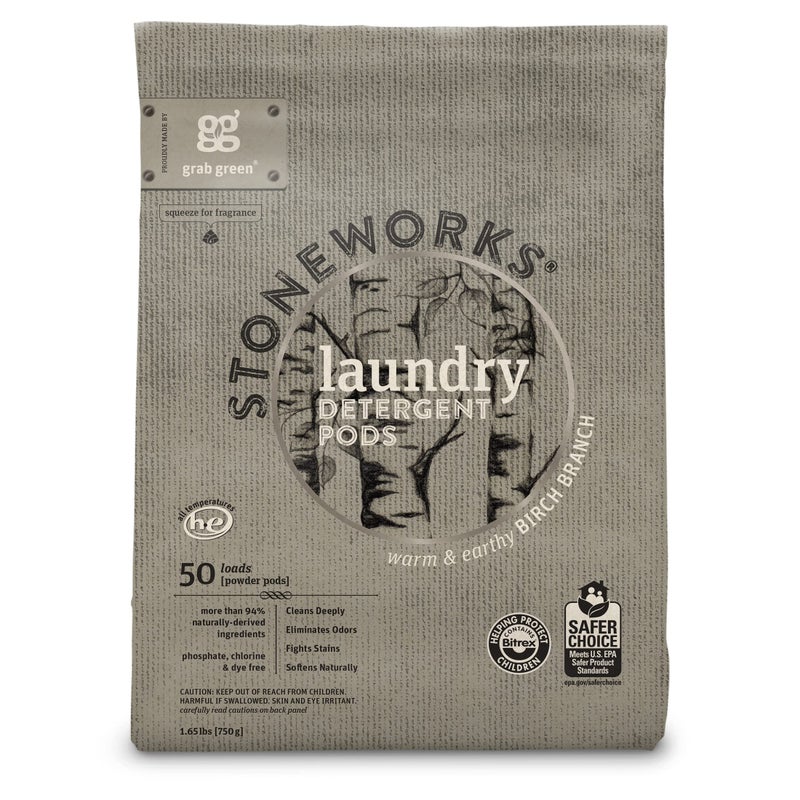 Grab Green Stoneworks Laundry Detergent Pods, Powered by Naturally Derived Plant & Mineral-Based Powder Pods, Birch Branch, 50 Loads (Pack of 1) - EPA Safer Choice Certified - Image 1