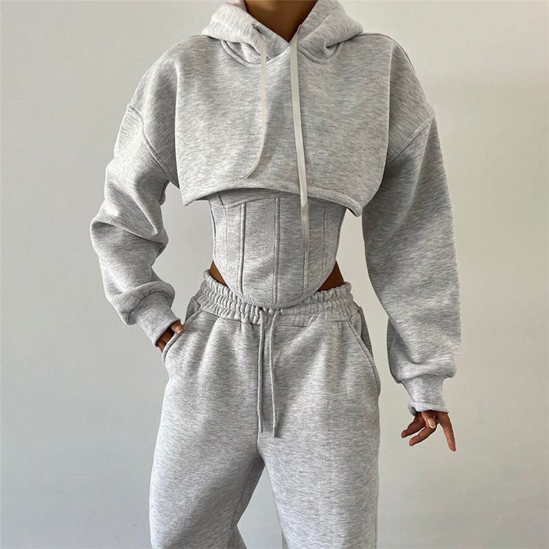 European and American style 2024 autumn and winter new womens hooded sweater blouse hanging belt small vest waist trousers three-piece set for women Light gray - Image 1