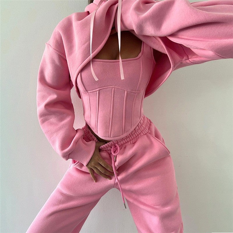 European and American style 2024 autumn and winter new womens hooded sweater blouse hanging belt small vest waist trousers three-piece set for women Light gray - Image 3