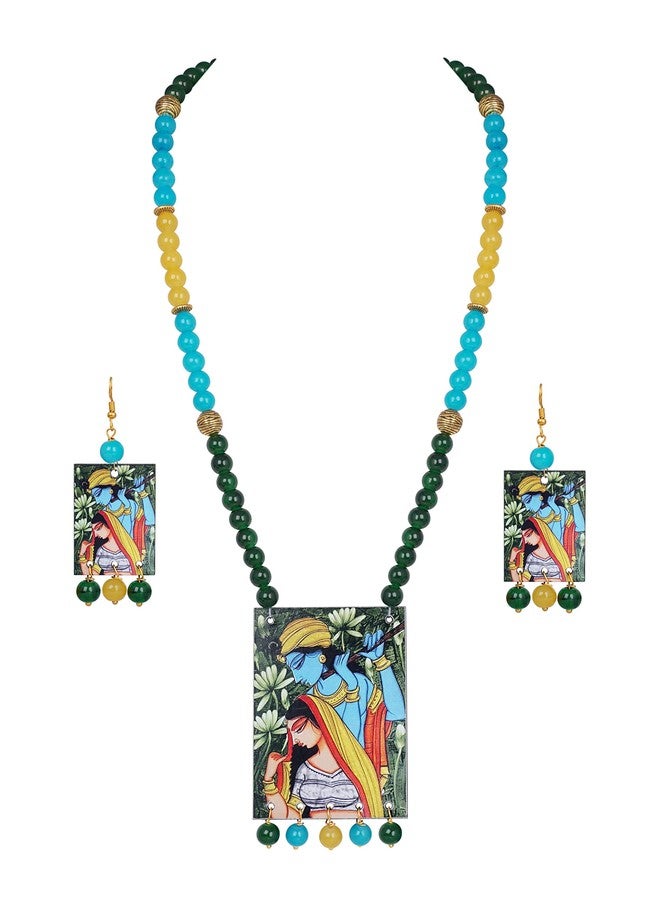 JFL - Jewellery for Less Etnic Radha Krishna Pendant with Multicolor Beaded Handcraft Necklace and Dangler Earrings for Women and Girls.(Sky Blue, Yellow, Green),Valentine - Image 1