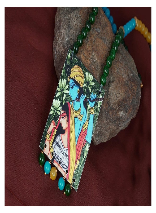 JFL - Jewellery for Less Etnic Radha Krishna Pendant with Multicolor Beaded Handcraft Necklace and Dangler Earrings for Women and Girls.(Sky Blue, Yellow, Green),Valentine - Image 3