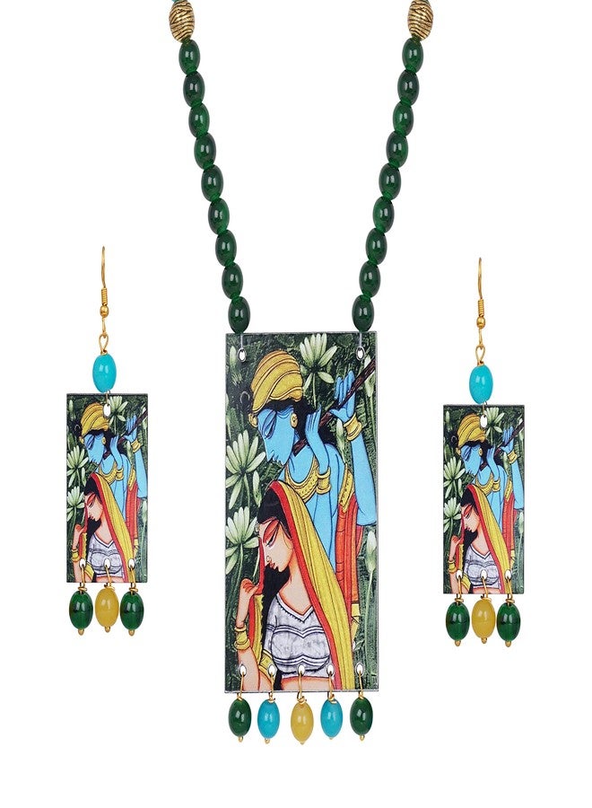 JFL - Jewellery for Less Etnic Radha Krishna Pendant with Multicolor Beaded Handcraft Necklace and Dangler Earrings for Women and Girls.(Sky Blue, Yellow, Green),Valentine - Image 5