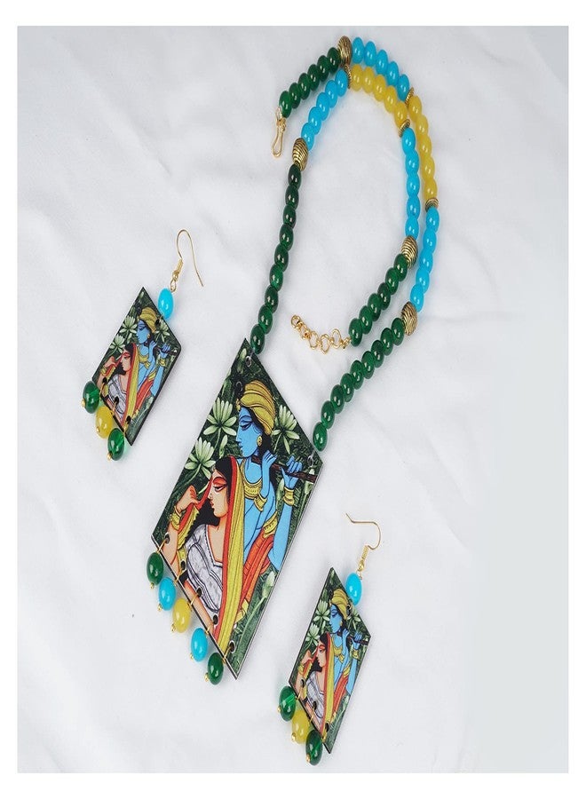 JFL - Jewellery for Less Etnic Radha Krishna Pendant with Multicolor Beaded Handcraft Necklace and Dangler Earrings for Women and Girls.(Sky Blue, Yellow, Green),Valentine - Image 4