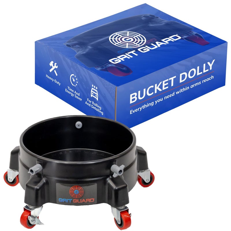 GRIT GUARD Bucket Dolly with Wheels  Rolling Detailing Wash Bucket with 5 Wheels and 2 Locking Casters Compatible with 25 4 5 and 6 Gallon Buckets Black 2 Red Casters