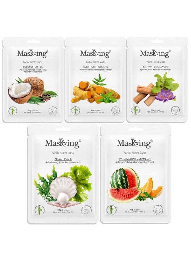 Masking Facial Sheet Mask Coffee, Neem, Saffron, Algae & Watermelon Bamboo Sheet Based Ideal for Women Men Combo Pack of 5 - Image 1