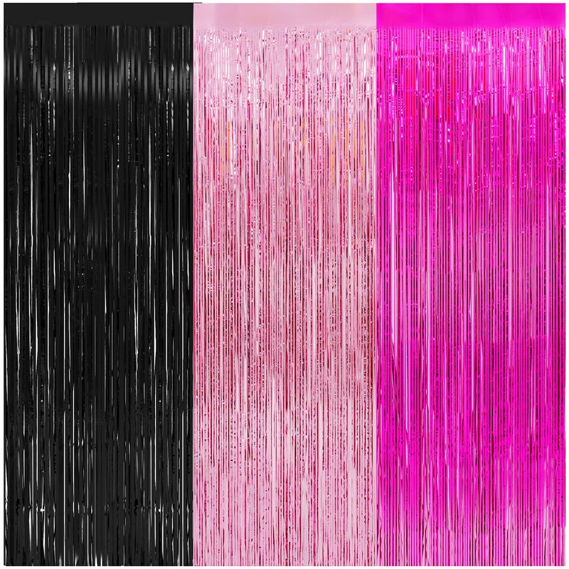 WIQEDOHA 3 Pack Foil Curtains8x984 Ft Rose Red Pink and Black Fringe Metallic Backdrop Curtain for Mouse Themed Baby Shower Birthday Nursery Party Decorations