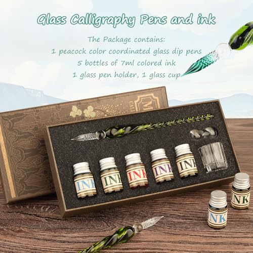 Mancola Glass Dipped Crystal Calligraphy Pen Set with 5 Colorful India Ink 1 Pen Holder 1 Cleaning Cup Ink Drip Tool Signatures Drawing Decoration Kits for Beginners - Image 3