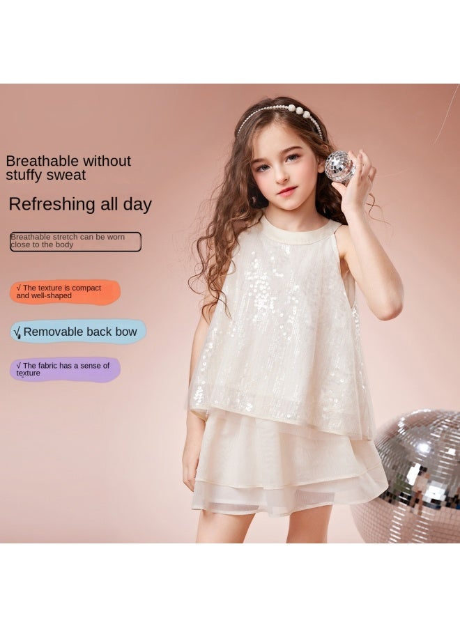 abckids زي صيفي للبنات مع لامعات، قمة بدون أكمام من الشبك، تنورة A-line سوبر، تنورة قصيرة للأطفال من متوسطة إلى كبيرة للارتداء في الهواء الطلق - Image 5