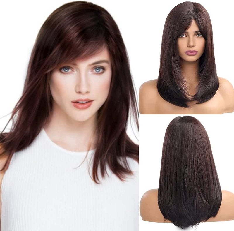 اي سي اي اف باروكة شعر بني طويل من ECIF للنساء، جذور داكنة متعددة الطبقات مع غرة - Image 1