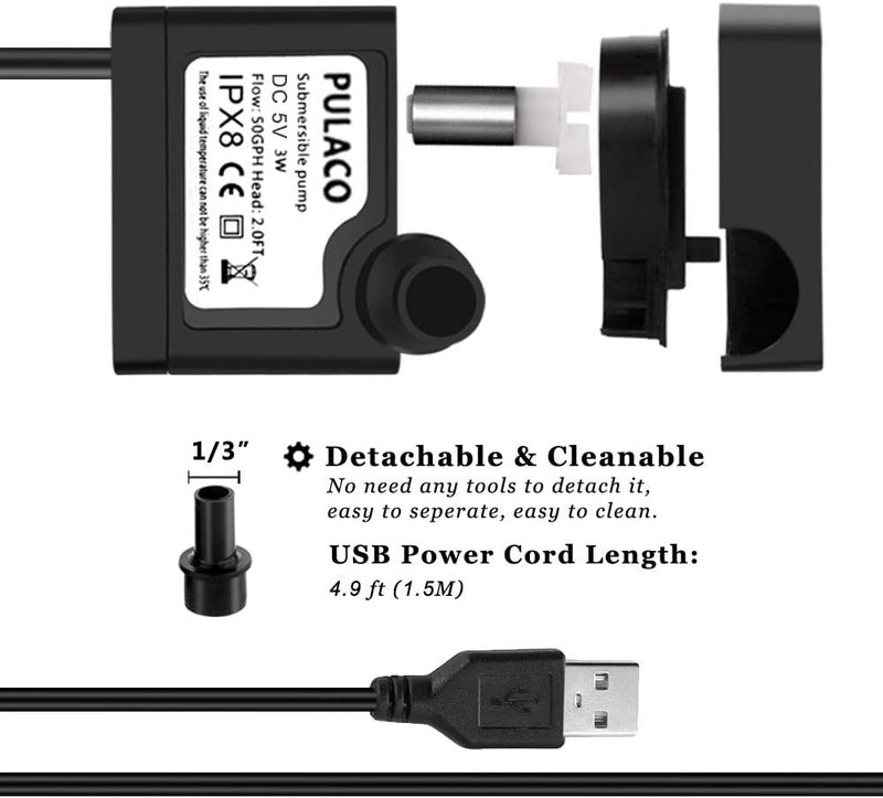 PULACO DC 5V USB Mini Submersible Water Pump with Tubing for Pet Fountain, Aquarium Fish Tank, Pond, Fountain, Hydroponics - Image 3