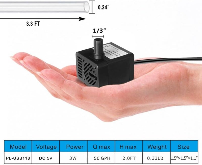 PULACO DC 5V USB Mini Submersible Water Pump with Tubing for Pet Fountain, Aquarium Fish Tank, Pond, Fountain, Hydroponics - Image 4