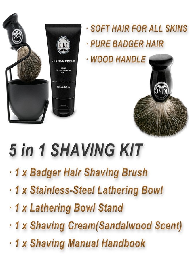 KIKC 5 in 1 Shaving Kit for Wet Shave, Set Includes Hand Crafted Pure Badger Shave Brush, Stainless Steel Lathering Soap Bowl, Shave Brush Stand, Shaving Cream, Best Gift for Bearded Man, Deluxe Black - Image 2