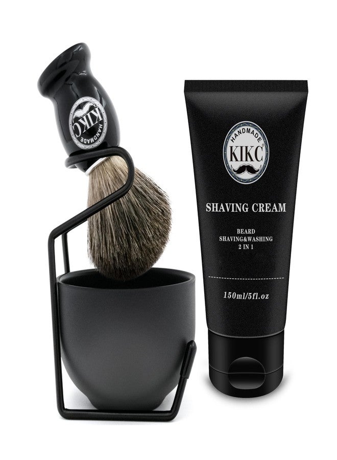 KIKC 5 in 1 Shaving Kit for Wet Shave, Set Includes Hand Crafted Pure Badger Shave Brush, Stainless Steel Lathering Soap Bowl, Shave Brush Stand, Shaving Cream, Best Gift for Bearded Man, Deluxe Black - Image 1