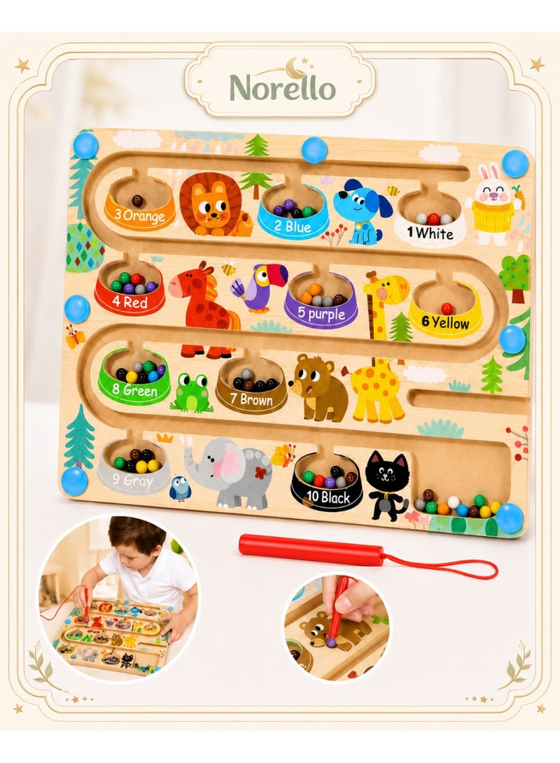 Norello Magnetic Maze Board for Kids Ages 3+, Wooden Puzzle Board Color Number Maze with Magnetic Pen, Montessori Bead Sorting Counting Game - Image 1