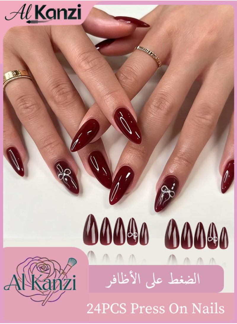 Al Kanzi 24PCS Nails Press-on, Almond-Shaped False Nails, Elegant Bow Patterns Artificial Nails, Jelly Glue Kit Acrylic Nails, Wine Burgundy Wear-on Nails, Glossy Reusable Stick-on Nails (Red) - Image 1