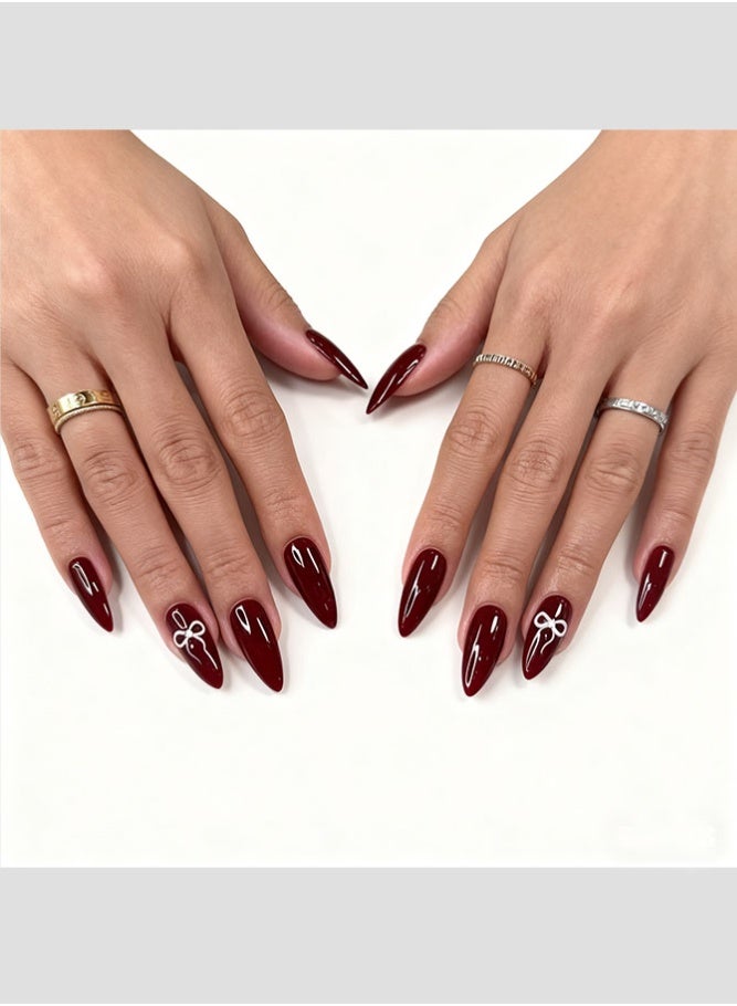 Al Kanzi 24PCS Nails Press-on, Almond-Shaped False Nails, Elegant Bow Patterns Artificial Nails, Jelly Glue Kit Acrylic Nails, Wine Burgundy Wear-on Nails, Glossy Reusable Stick-on Nails (Red) - Image 3