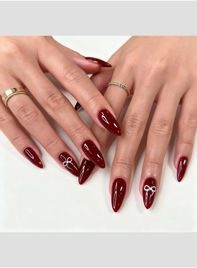 Al Kanzi 24PCS Nails Press-on, Almond-Shaped False Nails, Elegant Bow Patterns Artificial Nails, Jelly Glue Kit Acrylic Nails, Wine Burgundy Wear-on Nails, Glossy Reusable Stick-on Nails (Red) - Image 5