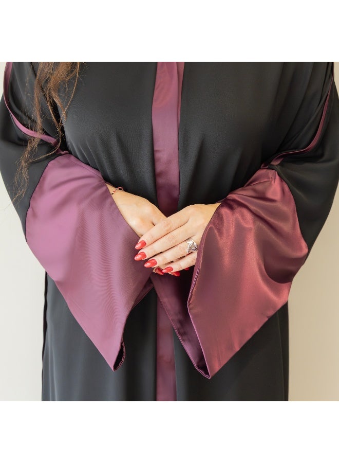 LINELLE عباءة لينيل ذات اللونين للنساء - أسود كلاسيكي مع أكمام بنفسجية متباينة، تصميم مفتوح من الأمام، أكمام واسعة متدفقة، ملابس يومية ومناسبات محتشمة - Image 4