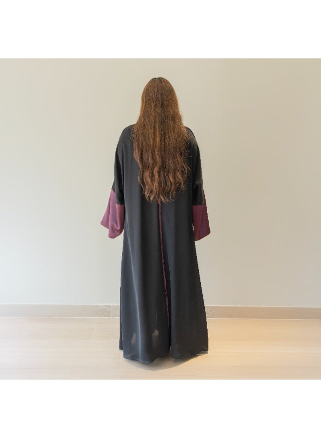 LINELLE عباءة لينيل ذات اللونين للنساء - أسود كلاسيكي مع أكمام بنفسجية متباينة، تصميم مفتوح من الأمام، أكمام واسعة متدفقة، ملابس يومية ومناسبات محتشمة - Image 3