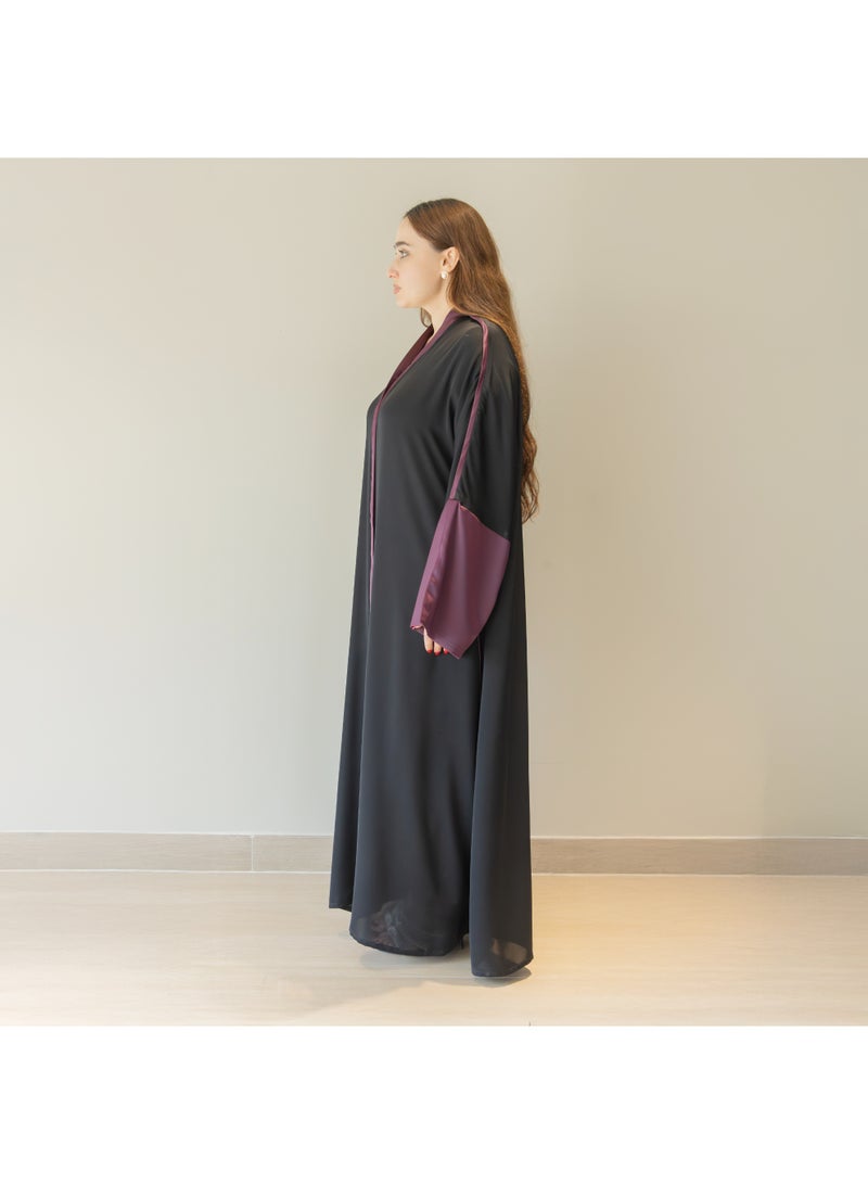 LINELLE عباءة لينيل ذات اللونين للنساء - أسود كلاسيكي مع أكمام بنفسجية متباينة، تصميم مفتوح من الأمام، أكمام واسعة متدفقة، ملابس يومية ومناسبات محتشمة - Image 2