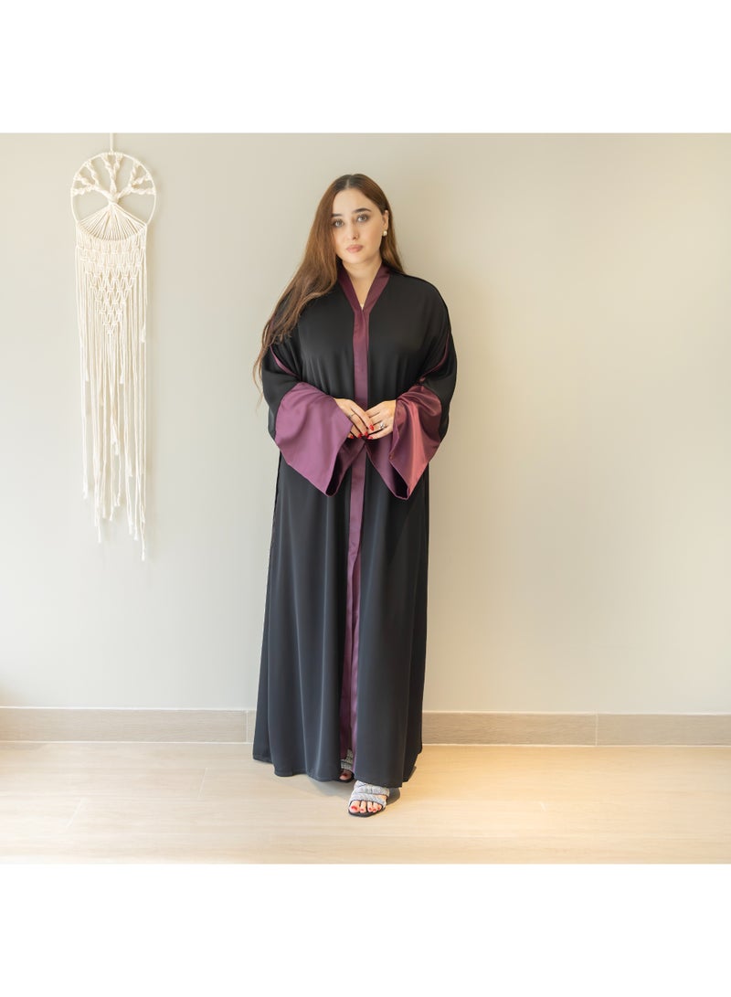 LINELLE عباءة لينيل ذات اللونين للنساء - أسود كلاسيكي مع أكمام بنفسجية متباينة، تصميم مفتوح من الأمام، أكمام واسعة متدفقة، ملابس يومية ومناسبات محتشمة - Image 1