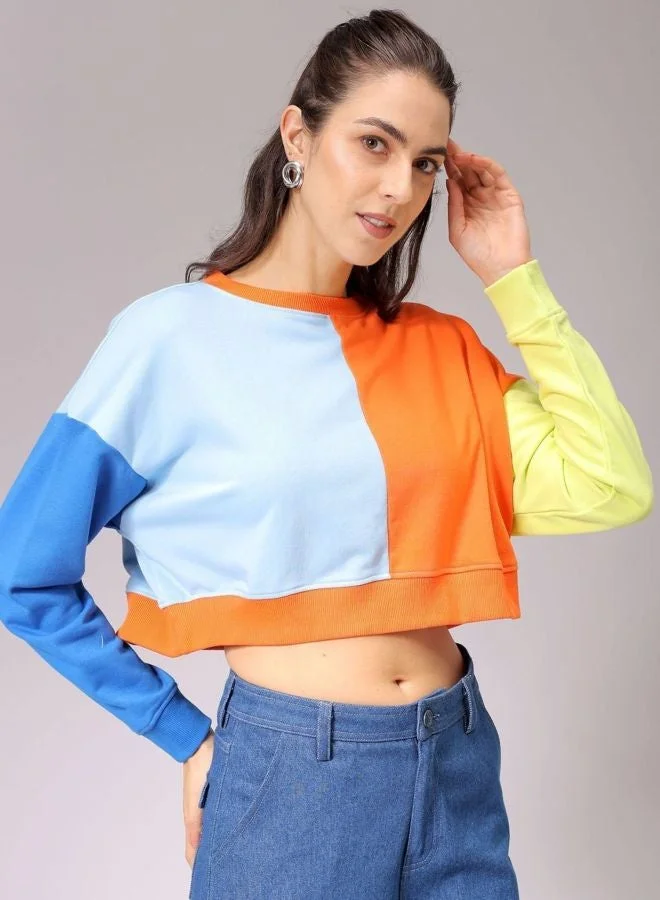 مرفوعة Women Boxy Fit Colourblocked Crew Neck Long Sleeve Cropped Sweatshirt