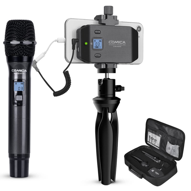 Comica CVM-WS50(H) Wireless Microphone System, 6 Channels Handheld Interview Microphone with Flexible Combination Grip for Smartphone, Camera, Perfect for YouTube, Interview, Video Conference, Podcast - Image 1