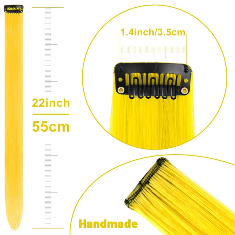 TOFAFA 22 inch Colored Hair Extensions, Colorful Party Highlights Clip in Synthetic Hair Extensions, Color Party Highlights Hairpieces for Girls Women Christmas New Year Cosplay Gift(10 PCS Yellow) - Image 4