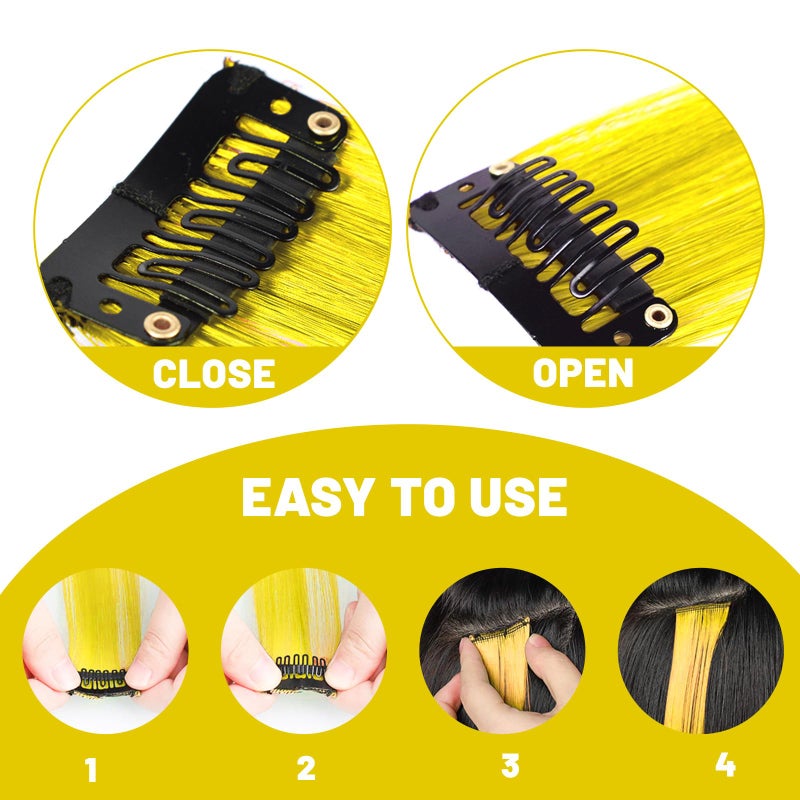 TOFAFA 22 inch Colored Hair Extensions, Colorful Party Highlights Clip in Synthetic Hair Extensions, Color Party Highlights Hairpieces for Girls Women Christmas New Year Cosplay Gift(10 PCS Yellow) - Image 3