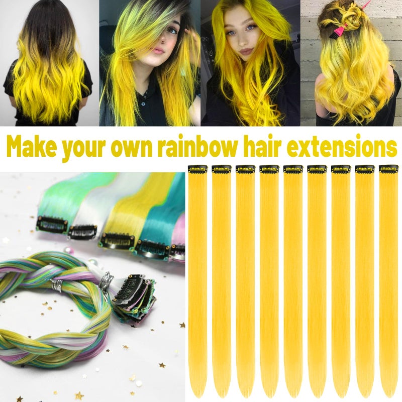 TOFAFA 22 inch Colored Hair Extensions, Colorful Party Highlights Clip in Synthetic Hair Extensions, Color Party Highlights Hairpieces for Girls Women Christmas New Year Cosplay Gift(10 PCS Yellow) - Image 2