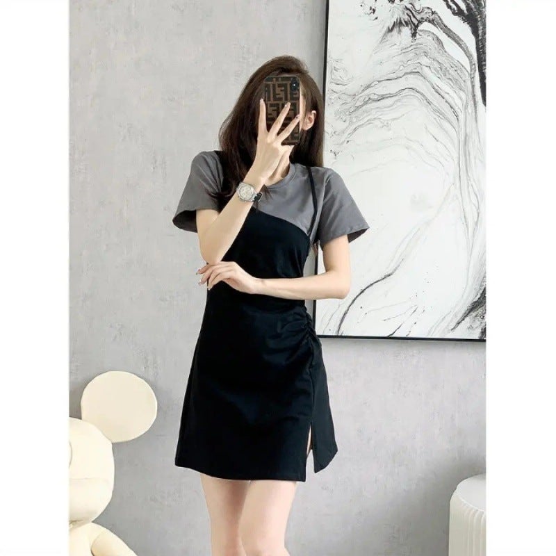 Design Sense Stitching Fake Two-piece Short-sleeved T-shirt dress Womens Summer High-end Sense Tight Waist Pleated Split Hip Skirt KH.K24 Gray