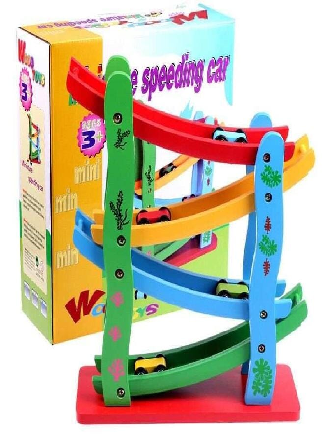 Wooden Car Race Track Ramp Toy for 3+ Year Old Toddler | Motor Skills Race Track Wooden Toy with 4 Cars and stable Base | Great Montessori Toys Gift for Toddlers. - Image 1