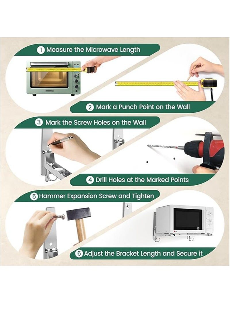 أبوستيم حامل جداري عالمي للميكروويف من الفولاذ المقاوم للصدأ مع خطاف قابل للإزالة، وذراع قابل للتعديل، وحامل فرن قابل للطي للمطبخ، وحامل رف يتحمل حتى 50 كجم، مناسب للمطابخ المنزلية (فضي) - Image 3