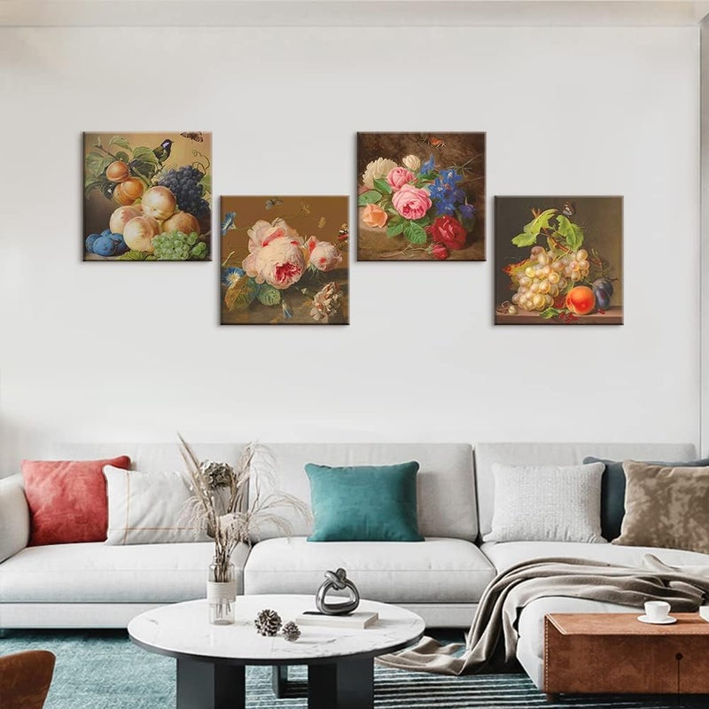 Sungeek 4-Piece Canvas Pictures with Wooden Frame, Canvas Print Pictures 30 x 30 cm, Modern Wall Pictures, Art Print, Wall Decoration for Living Room, Bedroom, Home, Office, Dining Room (Fruits and Flowers) - Image 4