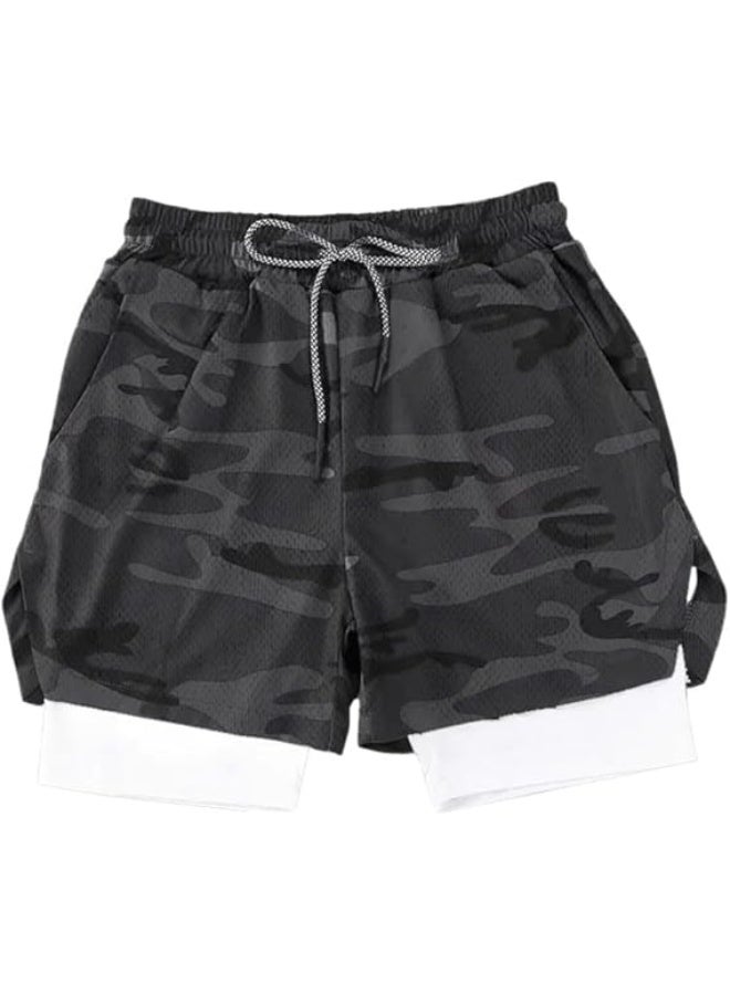 VITION Gym Shorts for Men, Men's Activewear Running Shorts,Drawstring Gym Shorts Men, 2 Layer Loose Athletic Shorts with 4 Pockets (XX-Large, Camouflage Gray White liner) - Image 1
